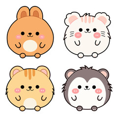 Cute Cartoon Animals Round Kawaii Style Illustration