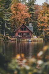Fototapeta premium Lakeside cabin, autumn foliage, tranquil scene.