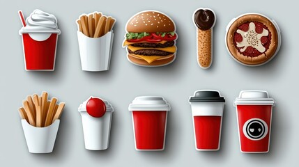 A lively and colorful collection of fast food icons, featuring a variety of items like burgers, fries, pizza, and drinks, offers a playful and appetizing visual.