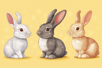 Obraz premium set of Easter rabbits, easter Bunny on yellow background. Vector illustration.