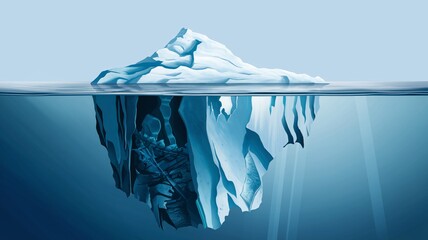 Iceberg above and below water on a tranquil ocean, on a blue background,hidden depth,eco warning,global warning