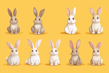 set of Easter rabbits, easter Bunny on yellow background. Vector illustration.