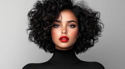 Obraz premium A portrait of a stylish woman with voluminous curly hair and vivid makeup, including bold red lipstick, set against a modern grey background for emphasis.