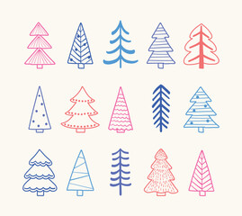 Abstract Christmas tree icon collection. X-Mas doodle ornaments. Vector illustration