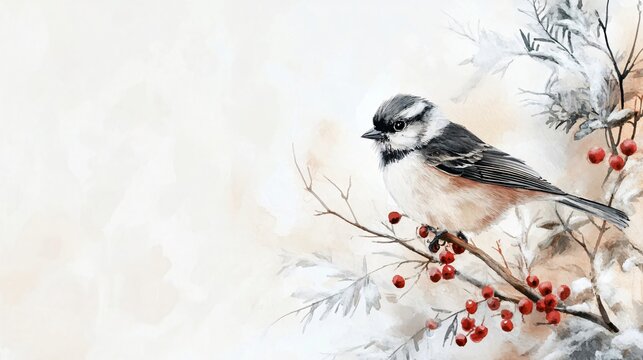 Serene Winter Bird: A delicate watercolor painting of a bird perched on a snow-dusted branch with red berries.