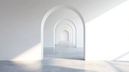 empty white room with arch door wall design and concrete floor, corridor with stair, perspective of minimal design. Illustration
