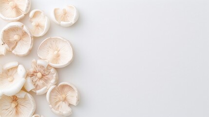 Obraz premium White beech mushrooms, raw fungi, cooking ingredient, healthy food, close up, isolated on white, copy space, culinary, food photography, nutritious, buna shimeji, beech mushroom
