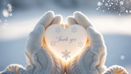 Fototapeta premium hands in warm gloves holding a white heart with the inscription thank you, sunny snowy day