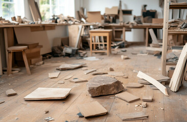 A messy workshop with pieces of stone and wood scattered around the floor