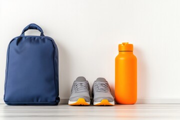 Sports equipment arranged on a minimalist floor with a gym bag, water bottle, and running shoes ready for an active day