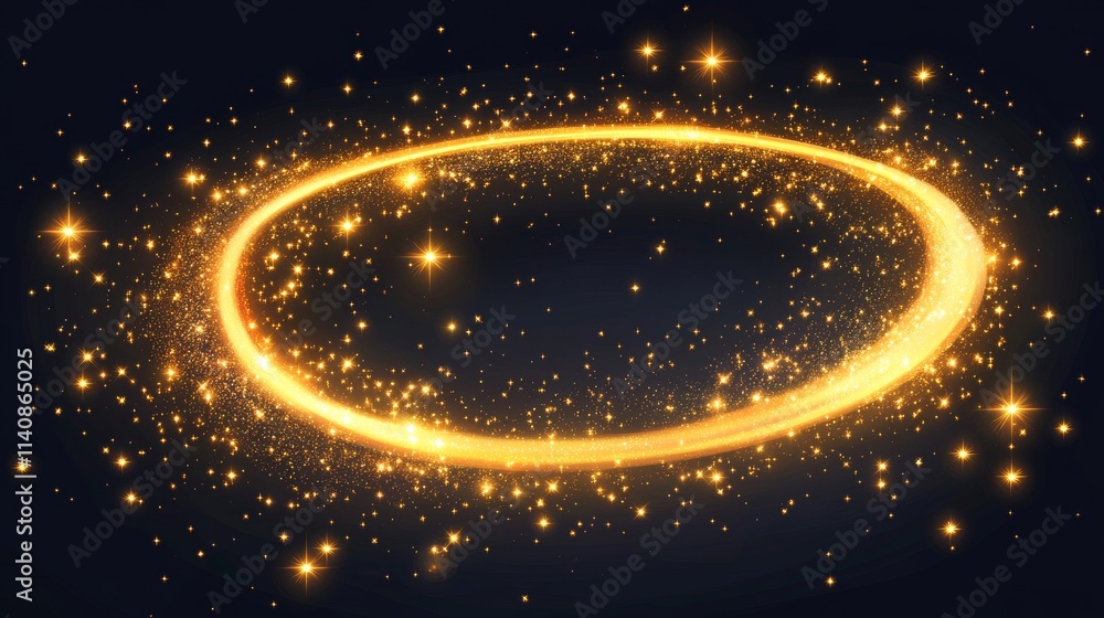 Poster magic gold dust trail with star shaped sparkles on dark transparent background. realistic vector ill