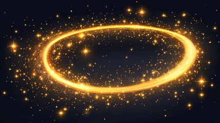 Obraz premium Magic gold dust trail with star shaped sparkles on dark transparent background. Realistic vector illustration of circle and wave path of shine glitter and shimmer particles. Can be used as png.
