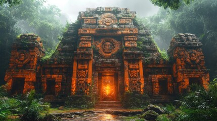 Fototapeta premium Ancient stone temple, overgrown jungle, glowing entrance.