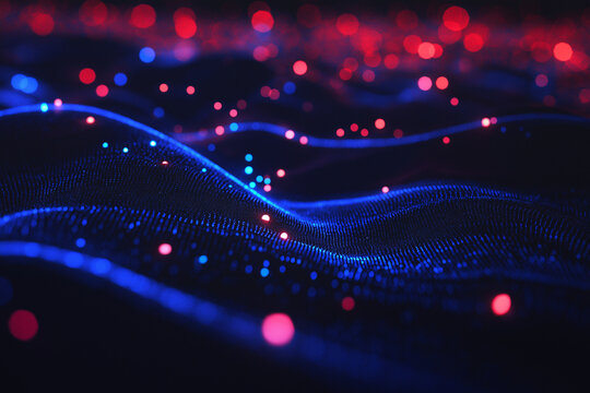 Leuchtende, schwebende Punkte in rot und blau auf dunklem Hintergrund

