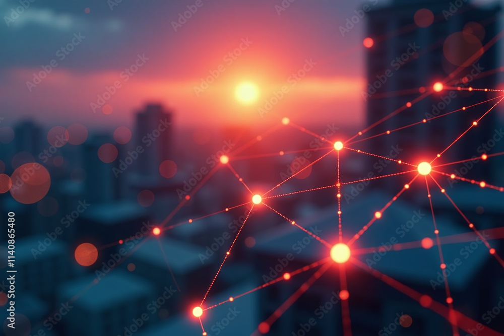 Poster glowing nodes connect digital networks symbolizing connectivity data exchange blurred sunset
