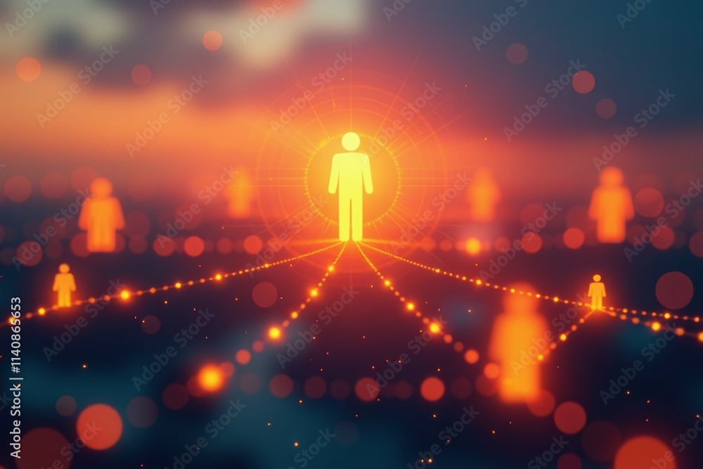 Poster glowing people icons connect via lines sunset background ample copy space digital networking communi