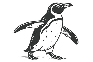 Naklejka premium Draw an adorable black silhouette of a penguin standing upright, with its wings slightly spread. Add simple textures to its belly for detail, set on a white background