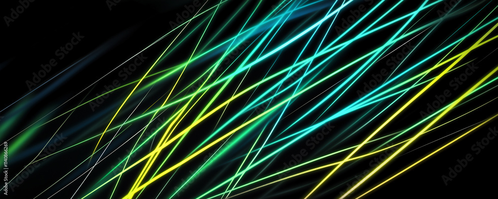 Wall mural yellow and green neon lines move across a black background, creating a dynamic and glowing effect. t