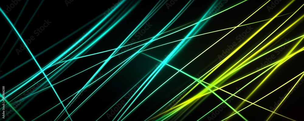 Wall mural an abstract composition of glowing yellow and green lines on a black canvas, evoking a sense of spee