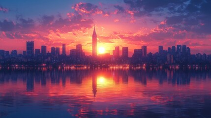 Fototapeta premium City skyline reflected in sunset water.