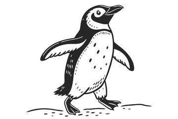 Draw an adorable black silhouette of a penguin standing upright, with its wings slightly spread. Add simple textures to its belly for detail, set on a white background