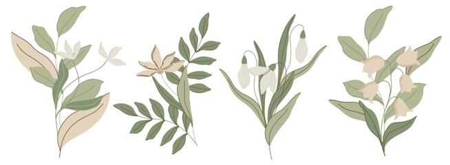 Elegant botanical flat illustration with soft green leaves and pastel pink flowers, lilies of the valley and snowdrops. Minimalist design with a muted color palette, perfect for spring decor