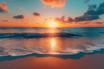 Fototapeta premium Sunset Serenity Over Ocean Waves Tropical Beach Landscape Photography Peaceful Atmosphere