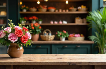 A flower shop counter with a bouquet of flowers. Florist store concept. Copy cpace