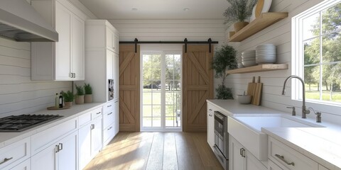 A bright and airy kitchen featuring sliding barn doors, open shelving, and lots of natural light in a chic decor.