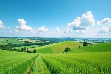 Obraz premium green fields stretch across vast landscape clear blue sky occasional fluffy white