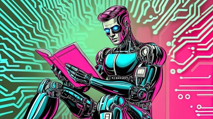 Futuristic High-Tech Robot Reading on a Circuit Board: A Vibrant, Playful Poster for Modern Interiors and Creative Spaces