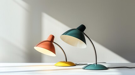 A minimalist image of retro table lamps isolated on a white background.--ar 16:9