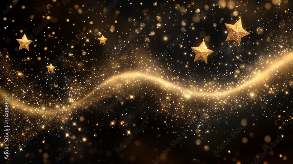 Poster magic gold dust trail with star shaped sparkles on dark transparent background. realistic vector ill