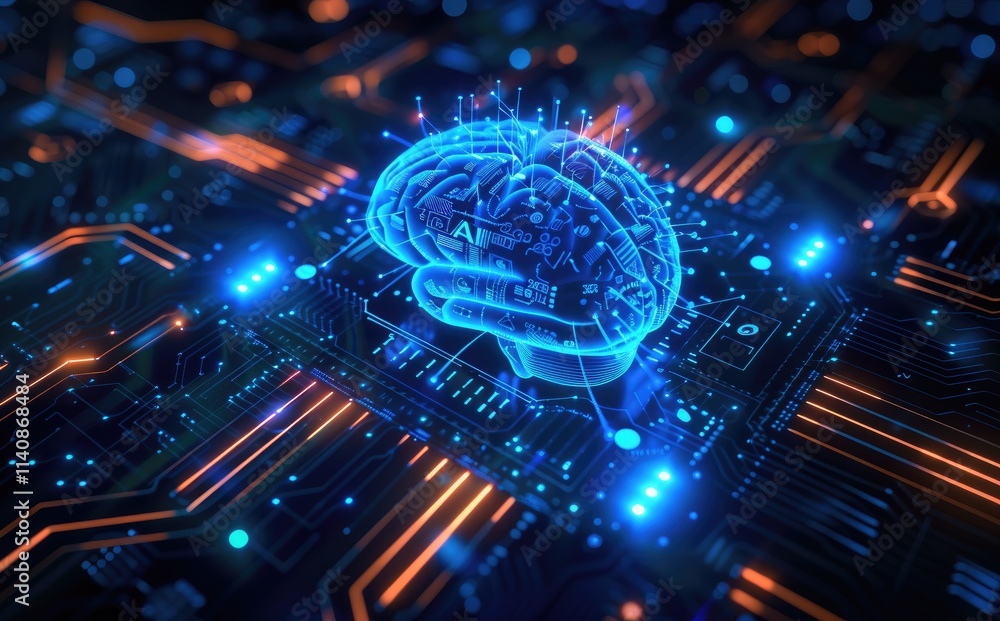 Poster 3D illustration of a glowing blue brain floating above an intricate circuit board, symbolizing the power and complexity of artificial intelligence, with a soft bokeh background