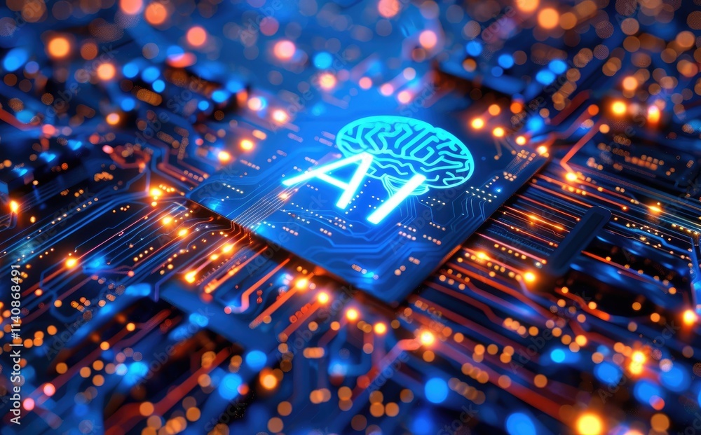 Poster 3d illustration of artificial intelligence on a chip, featuring a blue glowing brain icon and orange