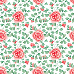 Seamless pattern. Red roses. Watercolor roses. Texture. Print for fabric. Gift wrapping paper. Rose pattern. Wallpaper. Scrapbooking. Design. Home textiles.