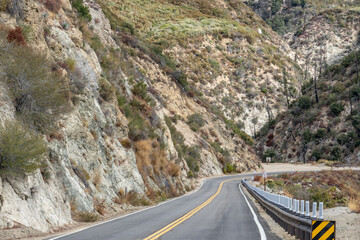 Older dissected surficial sediments, dissected lower alluvial gravel and sand remnants. Angeles Crest Scenic Byway, Los Angeles County, California. San Gabriel Mountains.