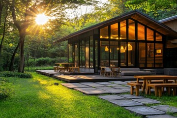 Modern glass house, wooden deck, sunny forest setting.