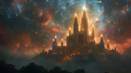 Glowing futuristic city nestled in nebula.