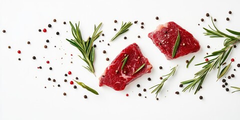Raw beef steak with rosemary and peppercorns on white background