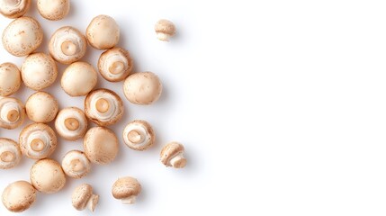 Obraz premium White button mushrooms, raw food, cooking ingredient, healthy eating, close up, isolated on white, copy space, culinary, food photography, nutritious, fungi, fresh produce
