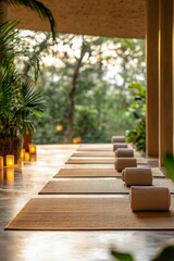 Fototapeta premium Tan mats, rolled towels, candles, serene outdoor view.