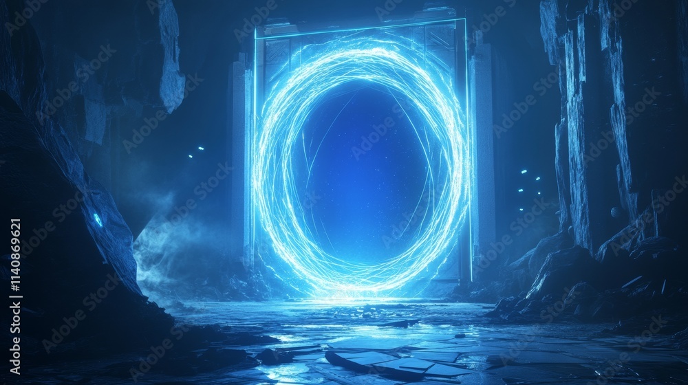 Poster blue light portal effect with magic neon glow. tech hologram teleport. energy ring for game. 3d powe