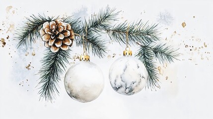 Christmas Ornaments on Pine Branch - Watercolor Painting