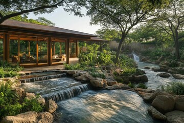 Serene stream flows past modern pavilion, lush foliage.