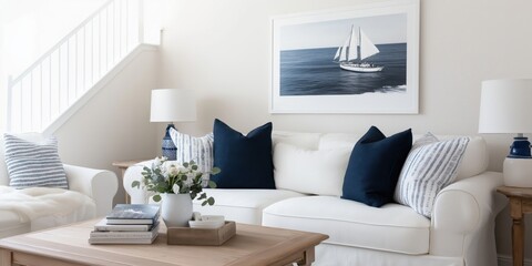 Stylish white living room with navy pillows, sailboat artwork, wooden table, ideal for coastal decor.