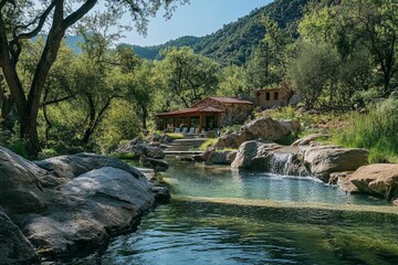 Mountain pool, stone structure, cascading water, lush greenery.