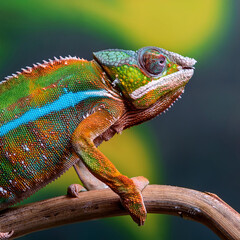 Obraz premium Vibrant Chameleon Close-Up on Branch with Intricate Patterns