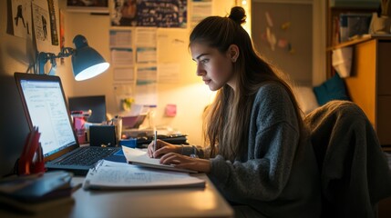 A young woman sitting in a quiet dorm room, illuminated by a desk lamp, intensely focused on a notebook while surrounded by study materials
