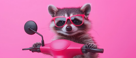 raccoon wearing pink sunglasses rides pink scooter against vibrant background